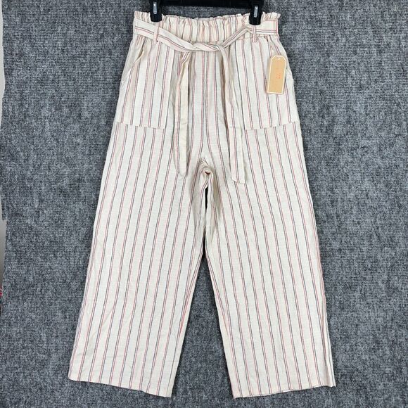 COPPER KEY PANTS WOMENS LARGE NATURAL STRIPED‎ BELTED WIDE-LEG CROPPED TROUSER - Picture 1 of 12